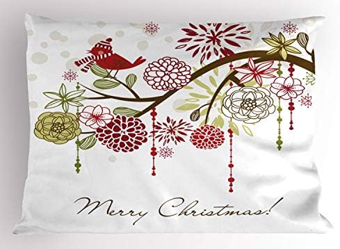כרית חג המולד של אמבסון בושה, כובע ציפורים אדום חורפי פרחוני וצעיף על עץ פורח בהשראה, דקורטיבי בגודל כרית מודפס, 26