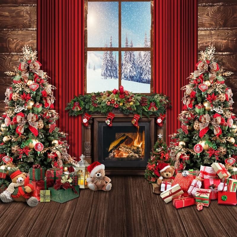 Dorcev 10x10ft חלון חג המולד תפאורה בחורף ארץ הפלאות יער אח אור אורן עץ חג המולד קופסת מתנה קופסת פוטוגרפיה רקע לשנה החדשה