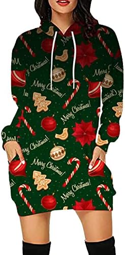 נשים של נים שמלות חג המולד 3 ד מודפס כובע צווארון מיני שמלת רופף מזדמן ארוך שרוולים סוודר שמלה קיצית