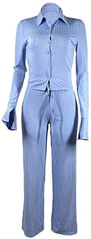 סתיו תלבושות עבור נשים אופנה מזדמן התלקחות שרוול כפתור חולצות + מוצק רחב רגל מכנסיים שתי חתיכה סטים