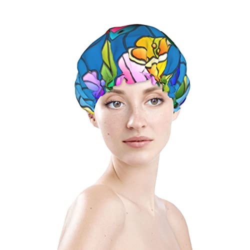נשים לשימוש חוזר למתיחה שולי שיער כובע שיער צבעוני פרח פרחוני פרח פרח כפול מכסה כובע אמבטיה למקלחת אטום למים