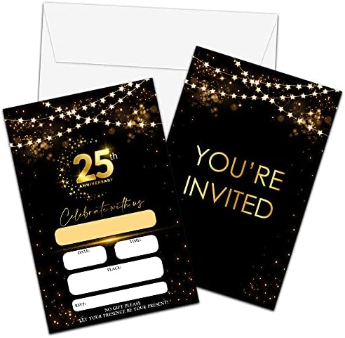 כרטיסי הזמנות להזמנת יום השנה ה -25, הזמנות לחתונה של זהב שחור נצנצים עם מעטפות, חוגגים איתנו מילוי-אין מזמינים כרטיסים, קישוטים