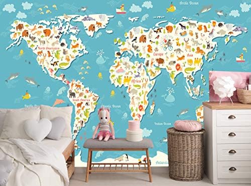 מפת ילדים טפטים בעלי חיים מפה עולמית קיר אוקיינוס ​​קיר קיר ילדים חדר שינה חדר שינה פוסטר נייר בגודל גדול
