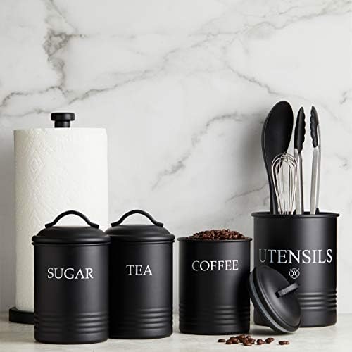 כלי פלדה מרכזי מטבח מיכל סט של 3 סוכר קפה תה עם מכסי מזון אחסון, שחור
