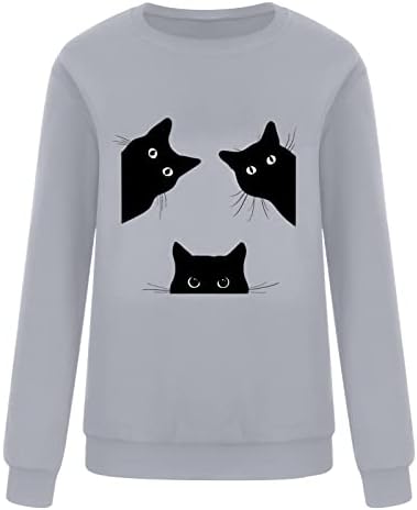 חולצות לנשים חתול הדפסת נוער ילדה אופנה חולצות חמוד סווטשירט ארוך שרוול רופף מזדמן בסוודרים למעלה