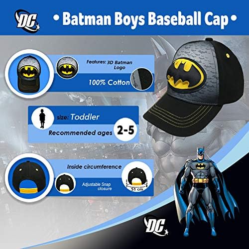 באטמן - לוגו בנים שטוח ביל הצמד בחזרה בייסבול כובע, נוער