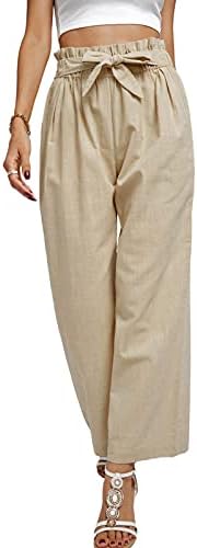 מכנסי זמוב לנשים בצבע מוצק מזדמן כותנה פשתן שרוך מותניים אלסטיים מכנסי רגל רחבים ארוכים מזדמנים חיצוניים