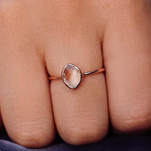 טבעת פורה וידה רוז זהב טבעת אבן אורגנית-טבעת בעבודת יד עם קוורץ שקוף, תכשיטי טבעת עם בסיס פליז - טבעות זהב ורוד לנשים, טבעות