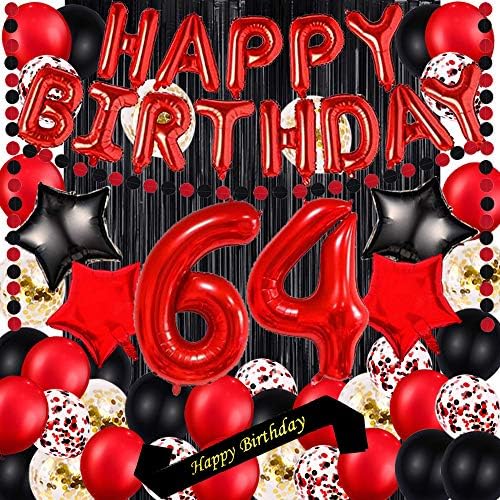 קישוטי מסיבת יום הולדת 64 אדום מספקת נושא אדום 16 אינץ 'כסף אדום יום הולדת שמח בלונים באנר