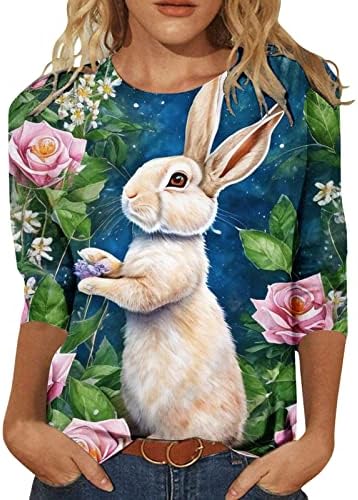 חולצת ארנב פסחא לנשים טי גרפי חמוד טרנדי 3/4 צמרות שרוול חולצות צווארון קל משקל
