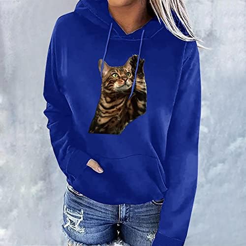 חולצת דפסת קפיסה של הדפס 3D לחתול לנשים חמוד פופ אאוט חתיכה חתול מציץ טי גרפי גרפי רטרו קפוצ'ונים מזדמנים כיס סווטשירטים