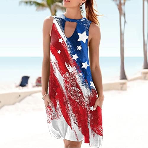 4 ביולי שמלות לנשים מקרית קיץ חוף שמלה אמריקאי דגל חור מנעול שרוולים צוואר כוכבים פסים שמלה קיצית