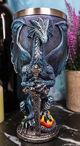 אברוס שמיימי כחול אלוהי אש מכונף דרקון עם אקסקליבר חרב יין גביע גביע כוס 7 עוז קיבולת צלמית שרף עם נירוסטה אוניית