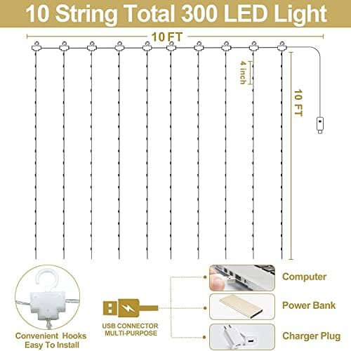 300 אורות מיתר וילון חלון LED לחדר שינה, 10 x10 רגל עם טיימר מרחוק 8 מצבים אורות פיות USB למסיבת בית חדר בית קיר גינה ביתית