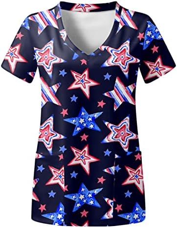 4 ביולי חולצות לנשים דגל ארה ב קיץ חולצת טי עם צווארון שרוול קצר עם 2 כיסים חולצות בגדי עבודה מזדמנים לחג