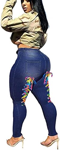 מכנסי ג'ינס של פס אופנה עם כיסים אתלטי פלוס פלוס מכנסיים סקסיים רצועות צבעים ג'ינס ג'ינס דקיקים מזדמנים ג'ינס