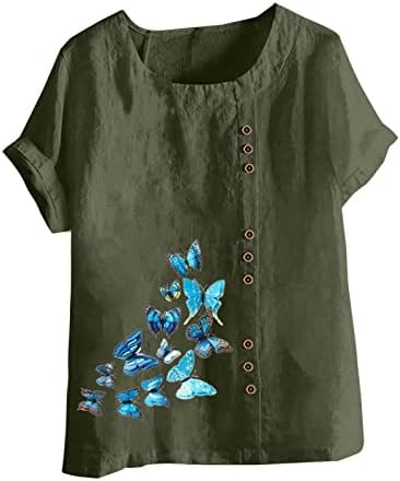 נשים בכושר רופף חולצות כפתור למטה קיץ עגול צוואר טוניקת חולצות כותנה פשתן פרפרים קצר שרוול מזדמן חולצות