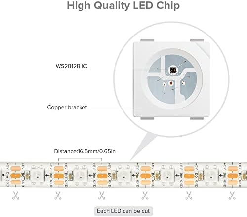 SEZO WS2812B 16.4ft 150LEDS DC5V רצועת LED הניתנת לכת הניתנת להתייחסות SMD5050 RGB 150 פיקסלים צבע חלום תכנות