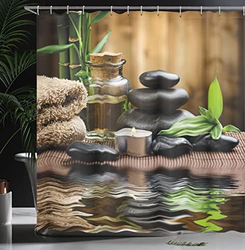וילון מקלחת של אמבסון ספא, שלשות אבן מעסה שמן צמחים שמן צמחים נרות ריח, סט עיצוב אמבטיה בד בד עם ווים, 69 W x 70 L, חום