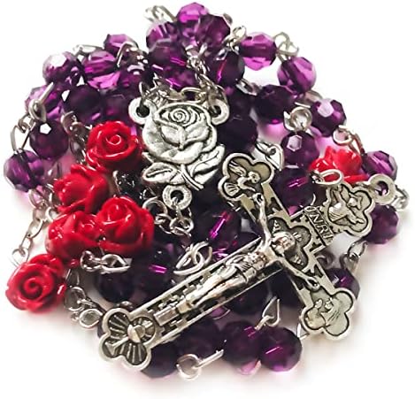 לורדס גביש סגול חותך חרוזים ורד אדום חרוזים קתוליים לנשים - מחרוזת קתולית - רוזאריוס קטולוס פארה מוג'ר - מתנות
