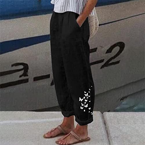 כותנה פשתן קצוץ מכנסיים נשים מקרית קיץ קאפרי מכנסיים עם כיסים גבוהה מותן קומפי חוף מכנסיים פרחוני הרמון מכנסיים