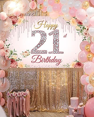קישוטי יום הולדת 21 בשבילה, זהב ורוד באנר רקע יום הולדת 21 שמח, ורוד פרחוני בן 21 מסיבת יום הולדת אבזרי תא