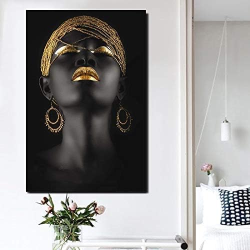 קיר אמנות אפריקאי אמריקאי אמנות קיר תפאורה בד קיר אמנות מקורי עוצב פופ זהב עגילי שרשרת שחור די ילדה סגנון ציור