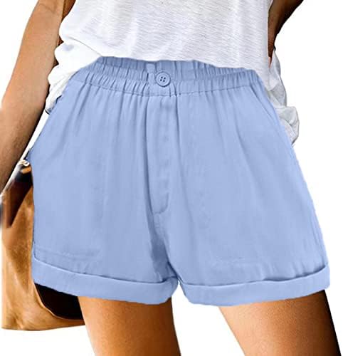 LMSXCT מותניים גבוהים מכנסי פשתן כותנה לנשים כפתור מזדמן כפתור רופף מותניים אלסטיים מקופלים מכנסי קיץ נוחים