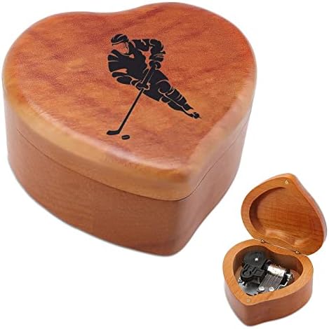 נגן הוקי קרח קופסא מוסיקה מעץ צורה לב צורה קופסת מוסיקה וינטג 'שעון עץ מתנות קופסאות מוזיקליות