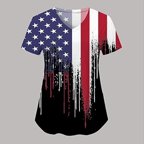 דגל ארה ב חולצה לנשים 4 ביולי קיץ שרוול קצר חולצת טי עם 2 כיסים חולצה למעלה בגדי עבודה מזדמנים לחג