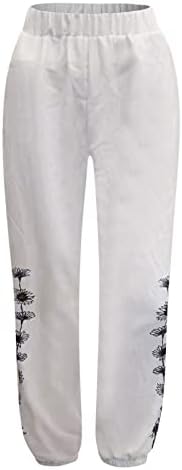 מכנסי פשתן לשימוש לנשים מכנסי רגל רחבים מכנסי מותניים אלסטיים מכנסיים נושמים מכנסי חוף עם כיס