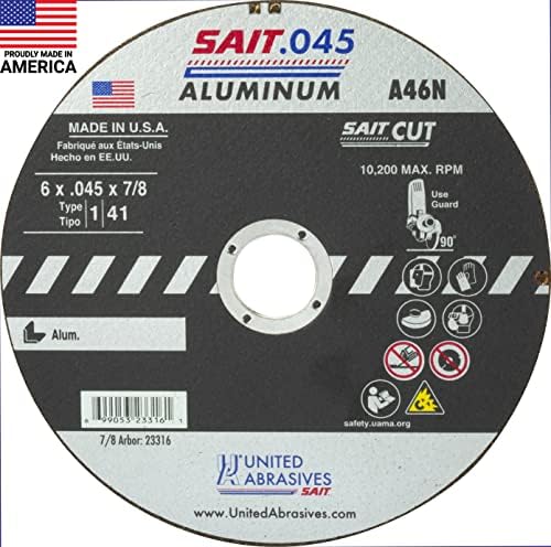 שוחקים מאוחדים- SAIT 23316 סוג 1 גלגל חיתוך A46N, 6 אינץ 'בגודל 0.045 אינץ' על 7/8 אינץ ', 50 חבילה