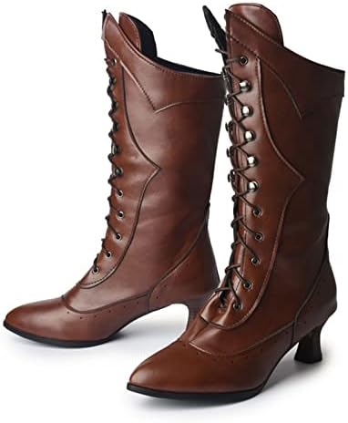 נעלי נשים חורף חורף עקב גבוה וינטג 'סגנון בריטי בסגנון בריטי תחרה מחודדת מגפי אביר אמצע עגל