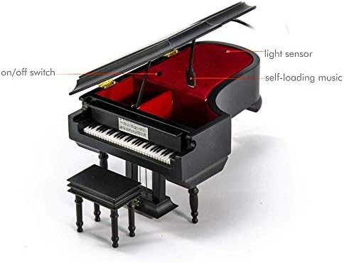 מיניאטורה מט מט -שחור פסנתר קופסת מוסיקה עם ספסל - קופסת תכשיטים בהתאמה אישית עם 2 תאים - 15 שירים MP3 נטענים