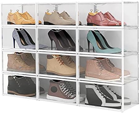קופסאות נעליים פתוחות 12 חבילות נעליים ברורות מכולות אחסון מארגן מארגן לערימה מתקפלת, תיבת אחסון נעליים מפלסטיק תיבת נעלי