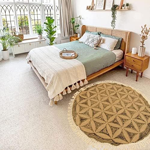 מנדלה חיים אמנות 4 'שטיח אזור יוטה עגול עם שולי כותנה - מחצלת מעגל בוהמי של מחצלת חיים - עיצוב יוגה - מדיטציה - שטיח היפי