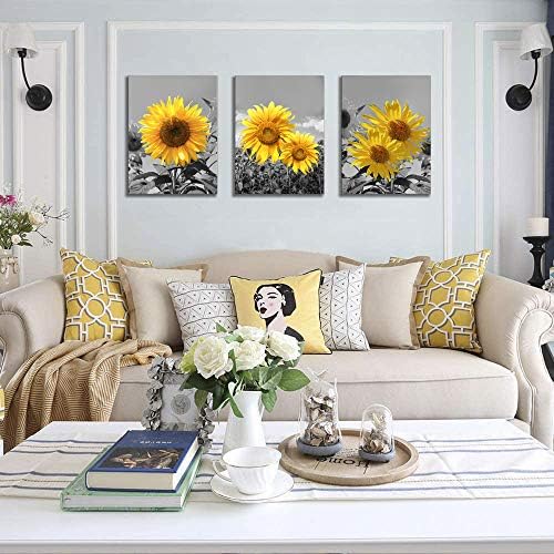 Usixa אמנות קיר חמניות לסלון פרחים לבנים שחורים קיר עיצוב קיר צהוב בד פרחים הדפסים מצביעים מסגרת עץ עם וו דקורטיבי