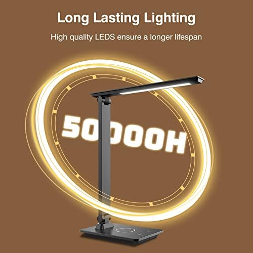 מנורת שולחן LED עם מטען אלחוטי ויציאת טעינה USB, מנורת שולחן לעמעום כוללת 4 רמות אור, 4 טמפרטורות צבע, בקרת מגע, פונקציית