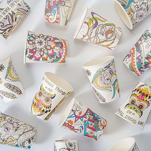 כוסות אמנות 8 כוסות נייר אונקיות-100 מארז-מגוון 7 עיצובים ייחודיים צבעוניים למשקאות קרים חמים-כוסות חד פעמיות ידידותיות