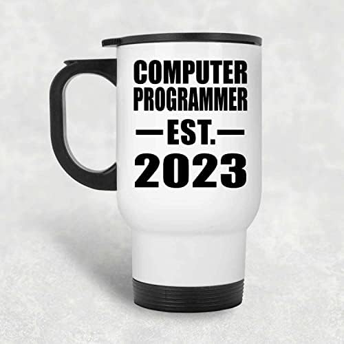 Designsify מתכנת מחשבים מבוסס est. 2023, ספל נסיעות לבן 14oz כוס מבודד מפלדת אל חלד, מתנות ליום הולדת יום הולדת חג המולד