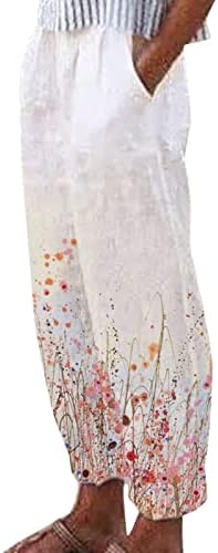 מכנסיים פרחים של HDZWW נשים עם כיסים טרקלין מכנסי מותניים אלסטיים מחודדים בקיץ מסלול ארוך פשתן באגי אלסטיות