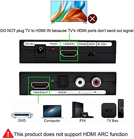 MUSOU 4K HDMI AUDIO EXCELOR, HDMI ל- HDMI + טוסלינק אופטי + RCA פלט אנלוגי סטריאו וידאו תמיכה ממיר מפצל שמע 4K 1080p, שחור