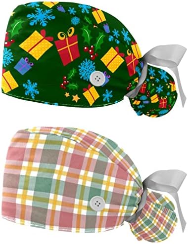 כובע עבודה של חג המולד ירוק לחג המולד עם כפתור ורצועת זיעה, 2 חבילות ניתוח ניתוחי לשימוש חוזר כובעי קוקו מחזיק קוקו