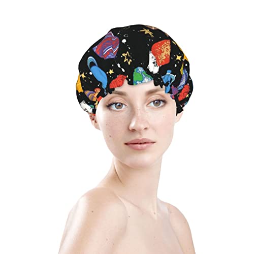 נשים לשימוש חוזר למתיחה שולי שיער כובע גלקסי שמיים כוכב אדמה שכבות כפולות כפפות אטום למקלחת כובע אמבטיה