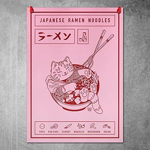 אטריות ראמן יפניות פוסטר חתול פוסטר חמוד ורוד אדום חיות קריקטורה מאוירת אמנות הדפס חובב חתולים מתנה ייחודית