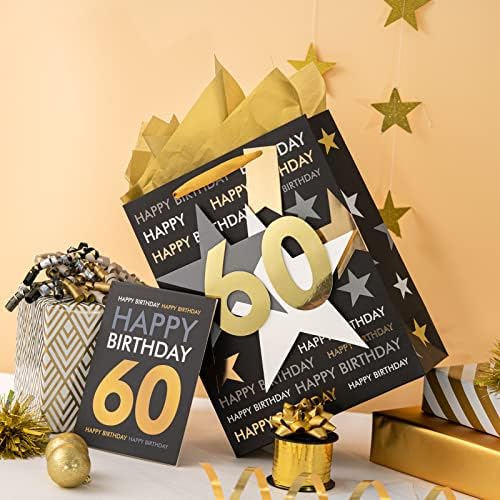 שקית מתנת יום הולדת עם נייר טישו וכרטיס ברכה ליום הולדת 60-13 איקס 10 איקס 5, 1 יח', זהב שחור