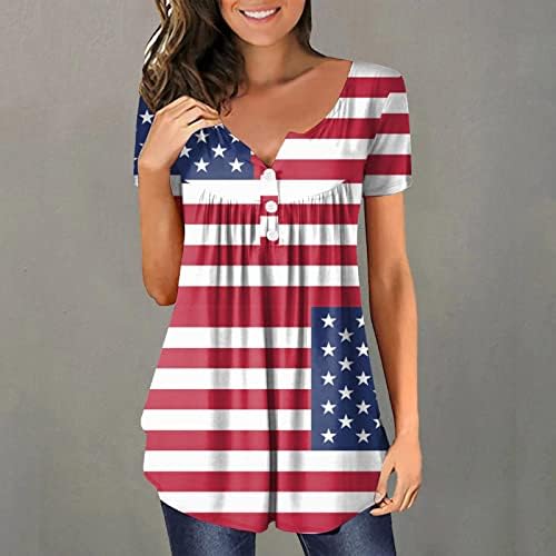 4 ביולי טוניקות לנשים דגל אמריקאי להסתיר בטן שומן חולצות חולצות קיץ מקרית קצר שרוול כפתור עד צוואר חולצות