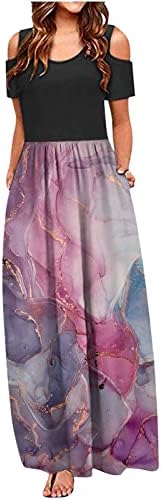 שמלות קיץ לנשים 2023 הדפס בוהו מזדמן עם צוואר כתף קרה שרוול קצר שמלת חוף מקסי זורמת רופפת