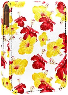צהוב אדום גיביסקוס פרחים פרחוני דפוס שפתון אחסון מקרה קטן נייד תיק קוסמטי נייד איפור עם מראה לשים על שפתיים זיגוג