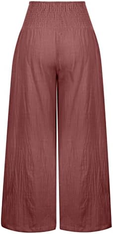 נשים של מתגנדר כותנה פשתן מכנסיים רחב רגל זורם פאלאצו מכנסיים אלסטי מותניים חוף מוצק צבע משובץ מזדמן מכנסיים